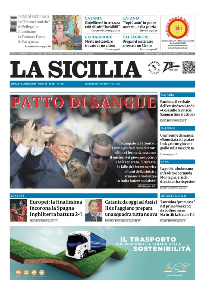 Prima-pagina-la-sicilia-edizione-palermo-di-oggi-15-07-2024