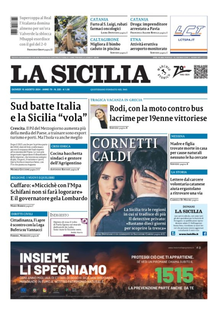 Prima-pagina-la-sicilia-edizione-palermo-di-oggi-15-08-2024