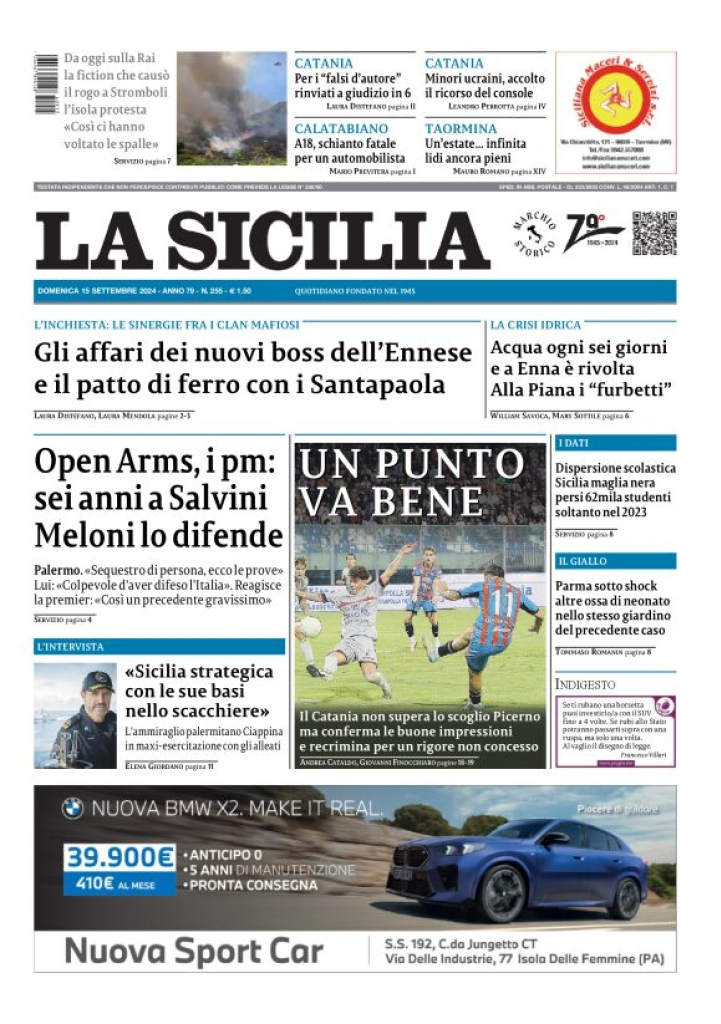 Prima-pagina-la-sicilia-edizione-palermo-di-oggi-15-09-2024