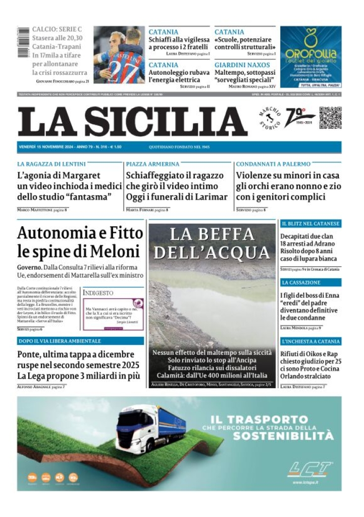 Prima-pagina-la-sicilia-edizione-palermo-di-oggi-15-11-2024