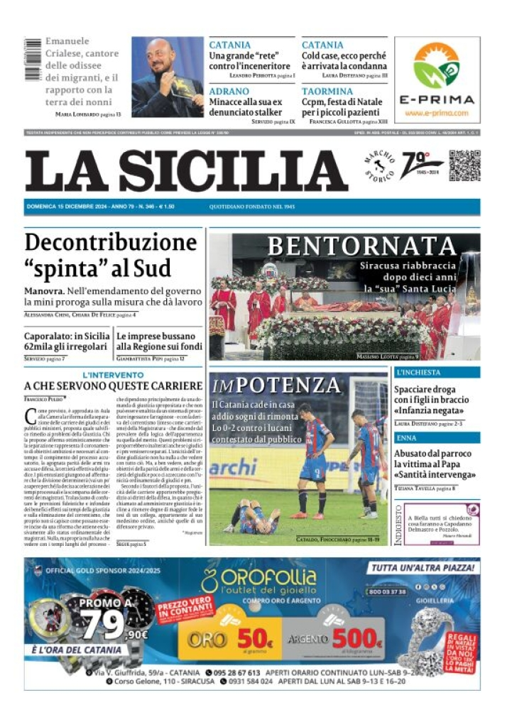 Prima-pagina-la-sicilia-edizione-palermo-di-oggi-15-12-2024