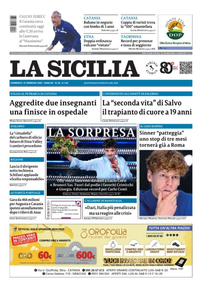 Prima-pagina-la-sicilia-edizione-palermo-di-oggi-16-02-2025