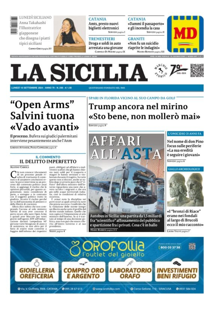 Prima-pagina-la-sicilia-edizione-palermo-di-oggi-16-09-2024