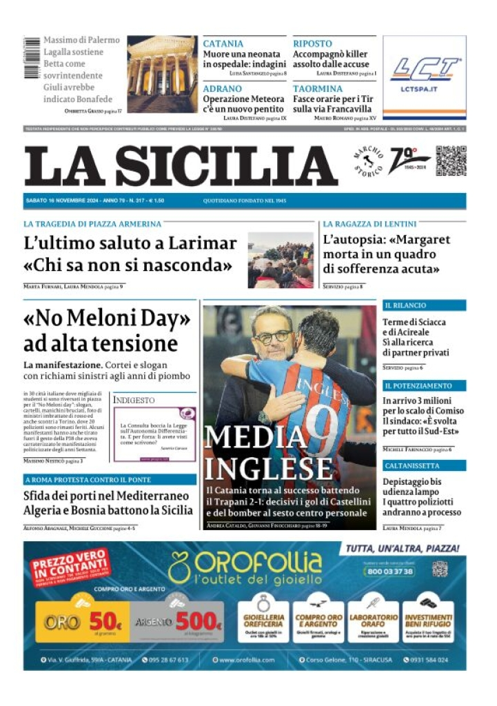 Prima-pagina-la-sicilia-edizione-palermo-di-oggi-16-11-2024