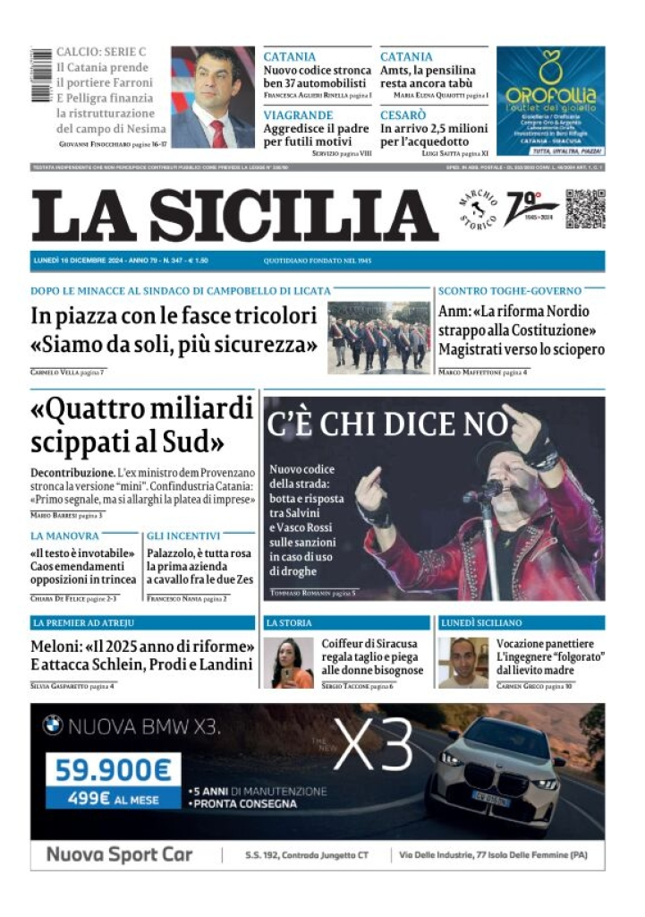 Prima-pagina-la-sicilia-edizione-palermo-di-oggi-16-12-2024