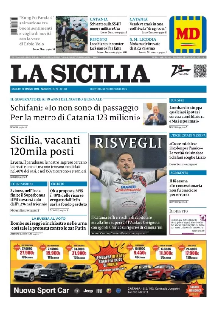 Prima-pagina-la-sicilia-edizione-palermo-di-oggi-17-03-2024