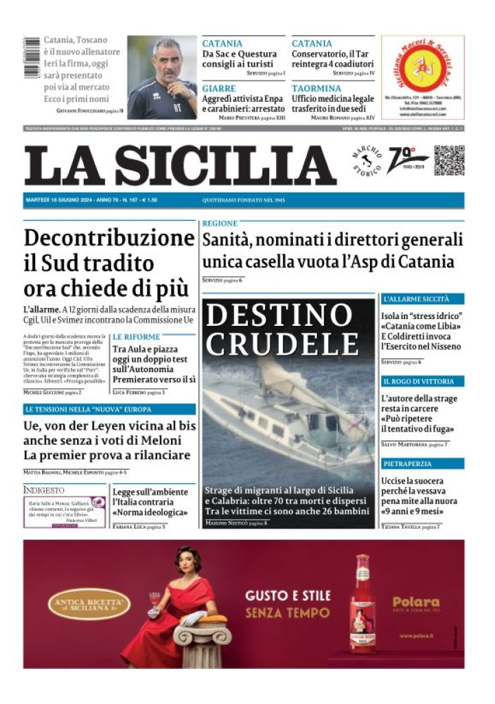 Prima-pagina-la-sicilia-edizione-palermo-di-oggi-18-06-2024