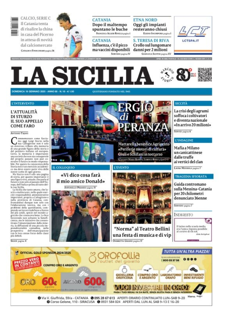 Prima-pagina-la-sicilia-edizione-palermo-di-oggi-19-01-2025