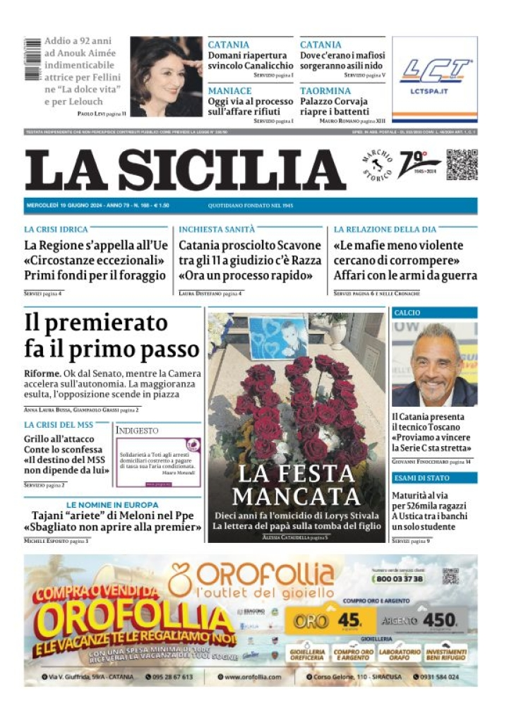 Prima-pagina-la-sicilia-edizione-palermo-di-oggi-19-06-2024