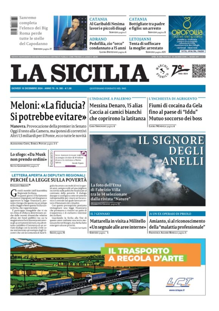 Prima-pagina-la-sicilia-edizione-palermo-di-oggi-19-12-2024