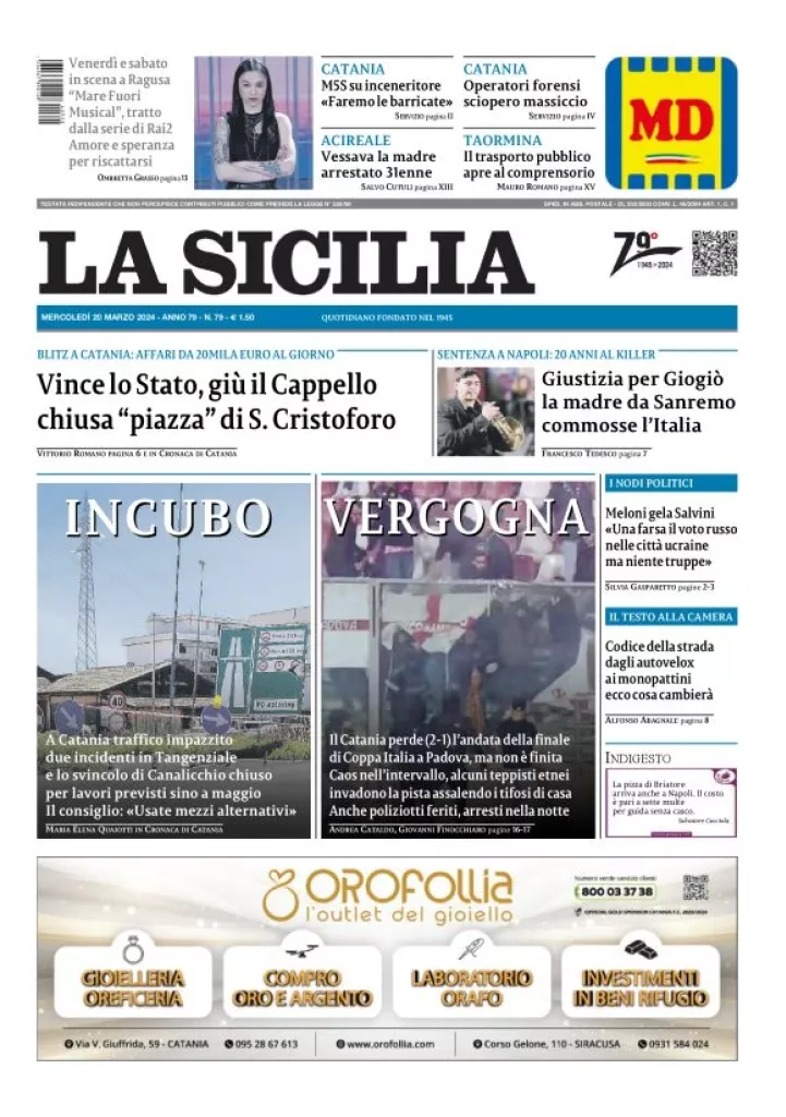Prima-pagina-la-sicilia-edizione-palermo-di-oggi-20-03-2024