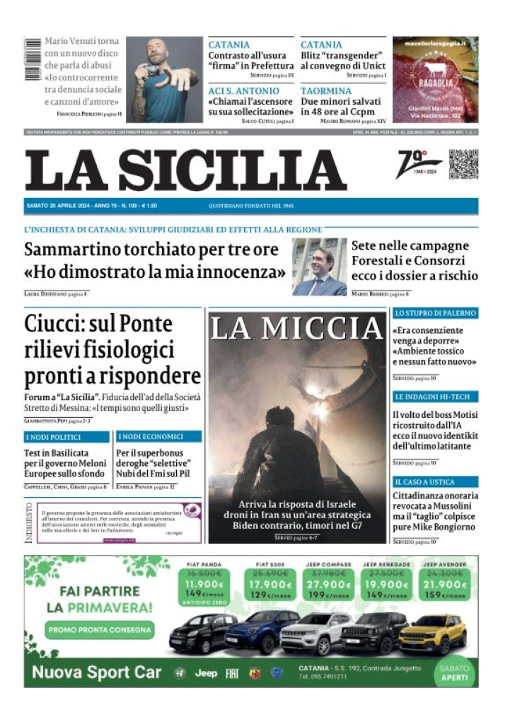 Prima-pagina-la-sicilia-edizione-palermo-di-oggi-20-04-2024