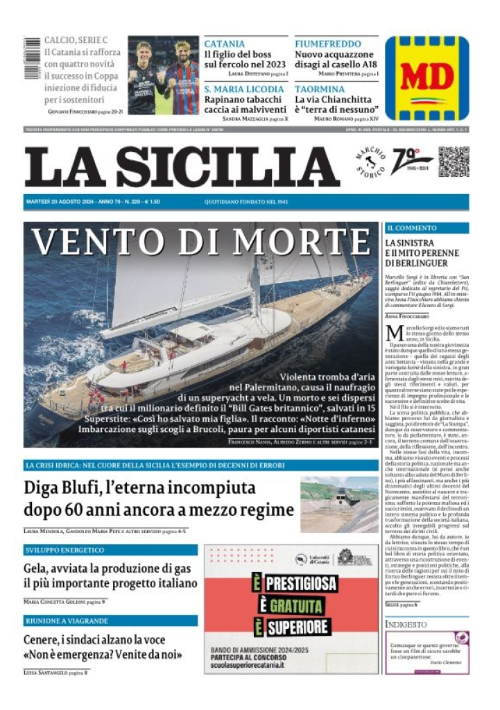 Prima-pagina-la-sicilia-edizione-palermo-di-oggi-20-08-2024