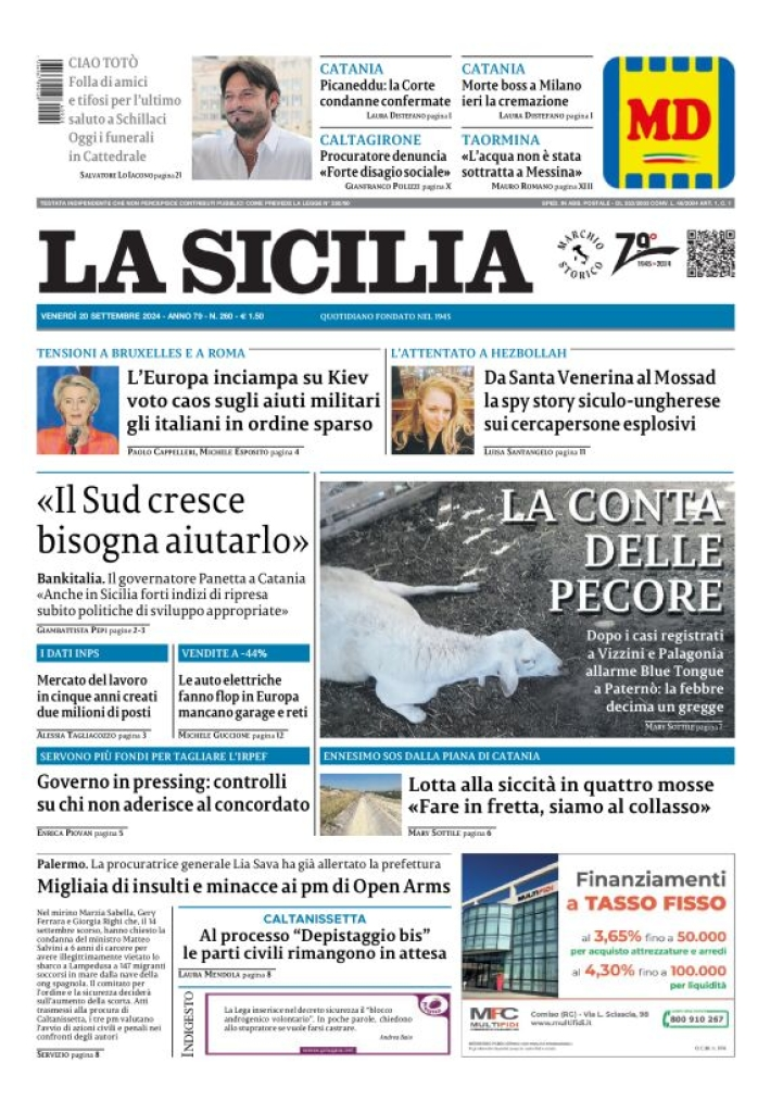 Prima-pagina-la-sicilia-edizione-palermo-di-oggi-20-09-2024