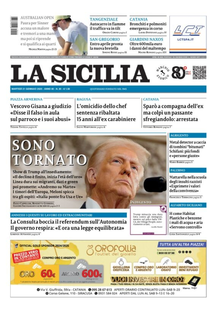 Prima-pagina-la-sicilia-edizione-palermo-di-oggi-21-01-2025