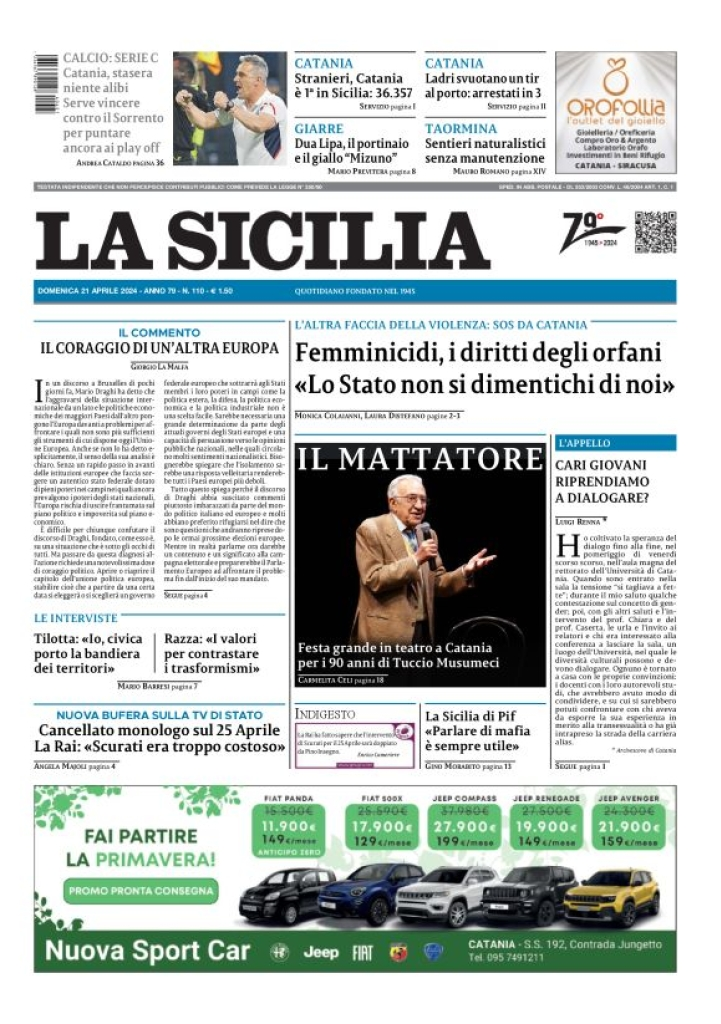 Prima-pagina-la-sicilia-edizione-palermo-di-oggi-21-04-2024