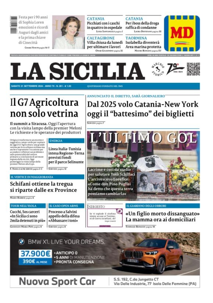 Prima-pagina-la-sicilia-edizione-palermo-di-oggi-21-09-2024