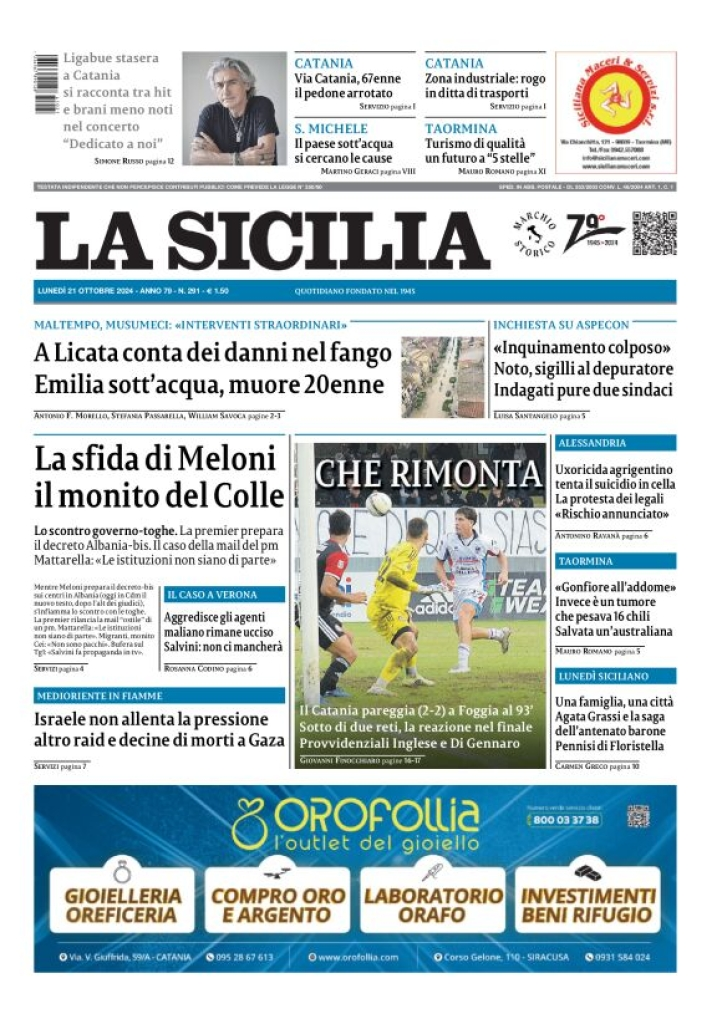 Prima-pagina-la-sicilia-edizione-palermo-di-oggi-21-10-2024