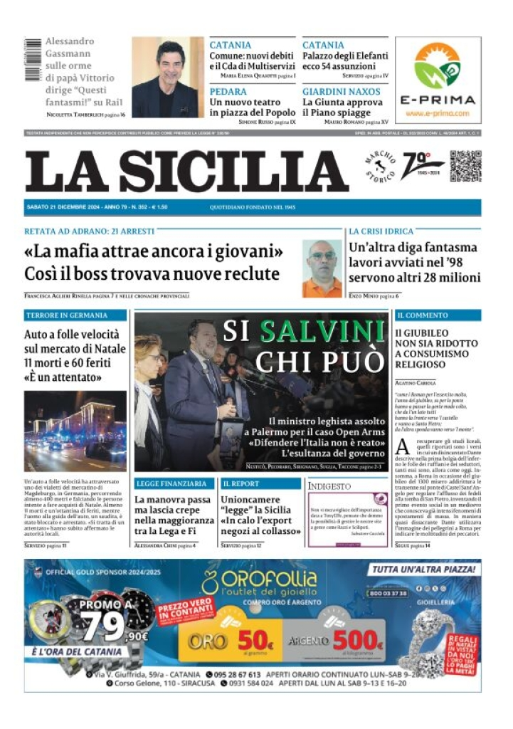 Prima-pagina-la-sicilia-edizione-palermo-di-oggi-21-12-2024