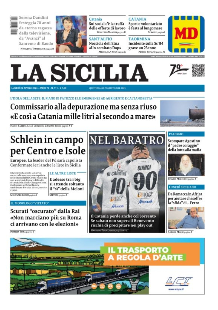 Prima-pagina-la-sicilia-edizione-palermo-di-oggi-22-04-2024