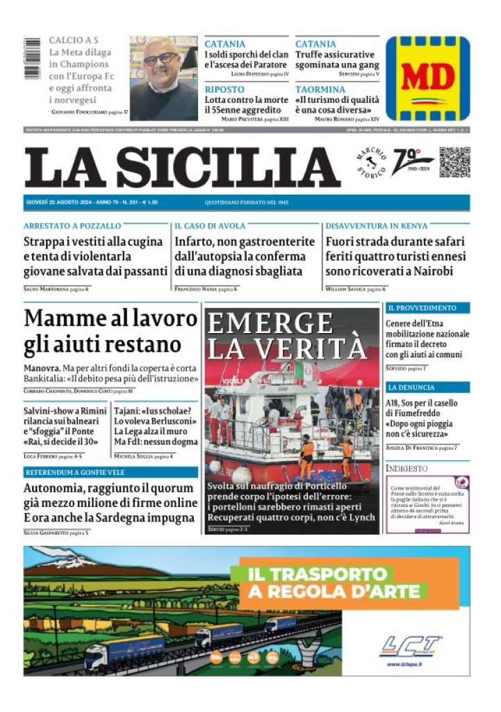 Prima-pagina-la-sicilia-edizione-palermo-di-oggi-22-08-2024