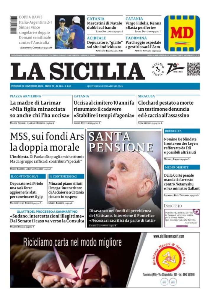 Prima-pagina-la-sicilia-edizione-palermo-di-oggi-22-11-2024