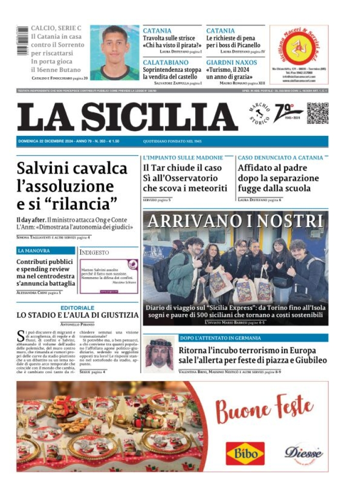 Prima-pagina-la-sicilia-edizione-palermo-di-oggi-22-12-2024