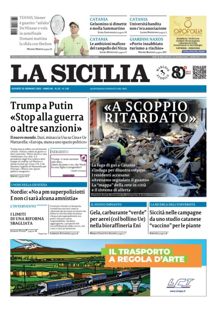 Prima-pagina-la-sicilia-edizione-palermo-di-oggi-23-01-2025