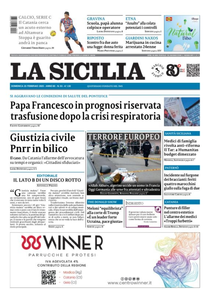 Prima-pagina-la-sicilia-edizione-palermo-di-oggi-23-02-2025