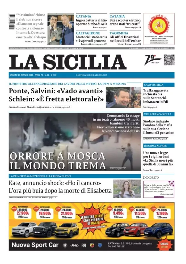 Prima-pagina-la-sicilia-edizione-palermo-di-oggi-23-03-2024