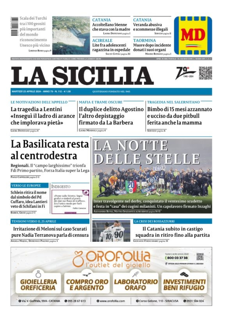 Prima-pagina-la-sicilia-edizione-palermo-di-oggi-23-04-2024