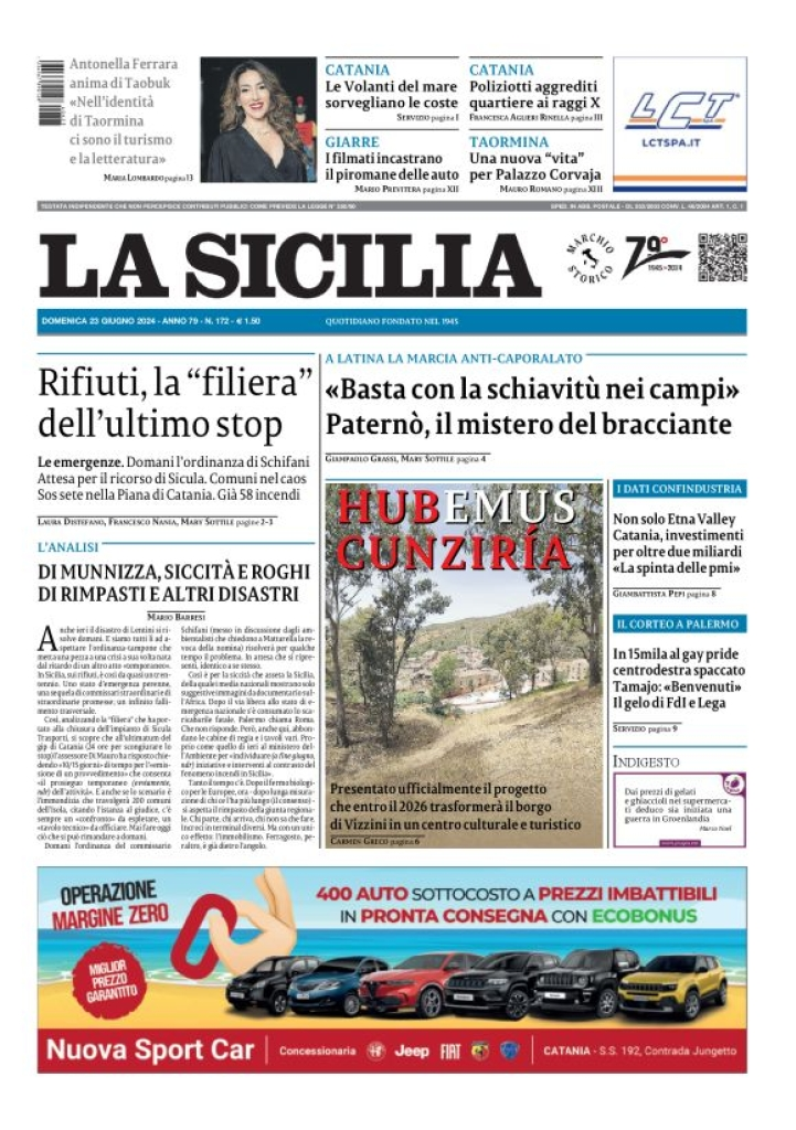 Prima-pagina-la-sicilia-edizione-palermo-di-oggi-23-06-2024