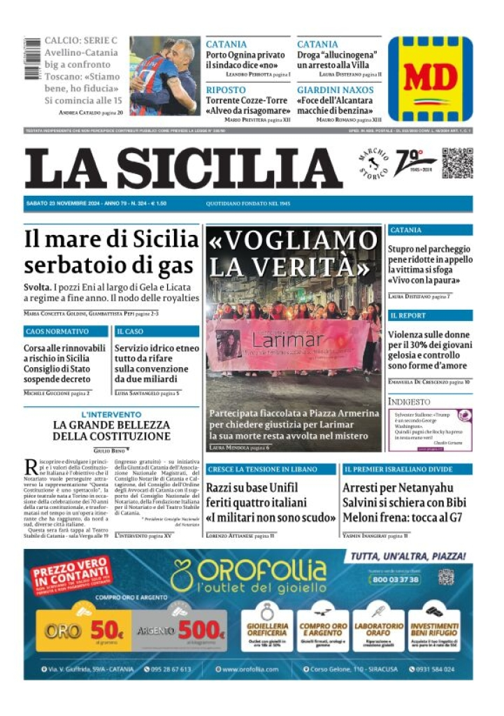 Prima-pagina-la-sicilia-edizione-palermo-di-oggi-23-11-2024