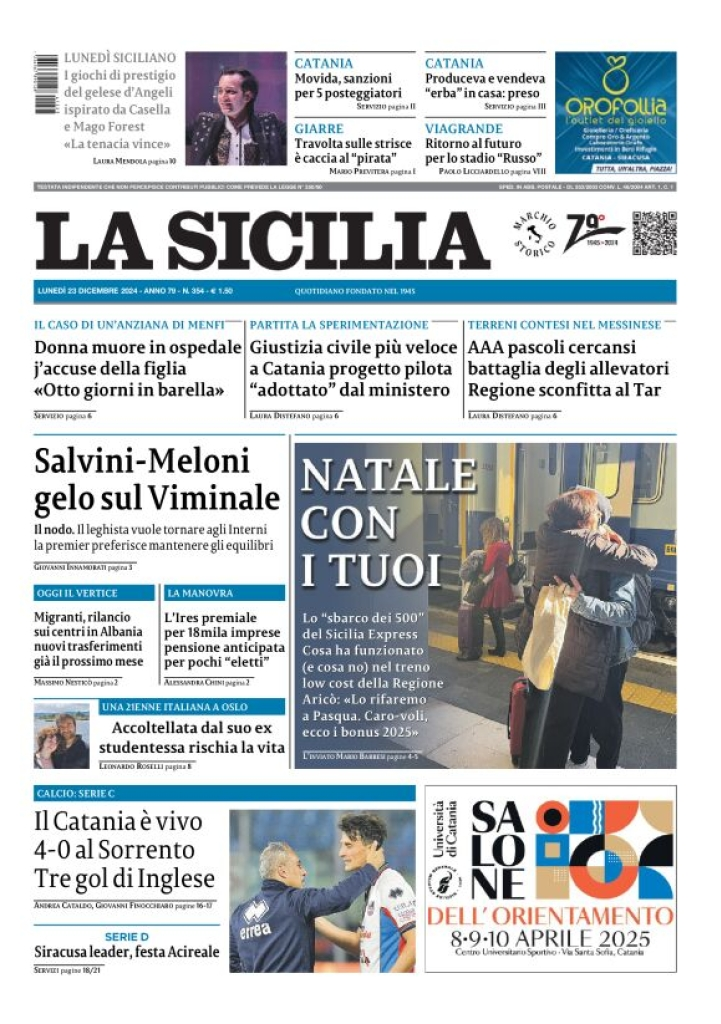 Prima-pagina-la-sicilia-edizione-palermo-di-oggi-23-12-2024