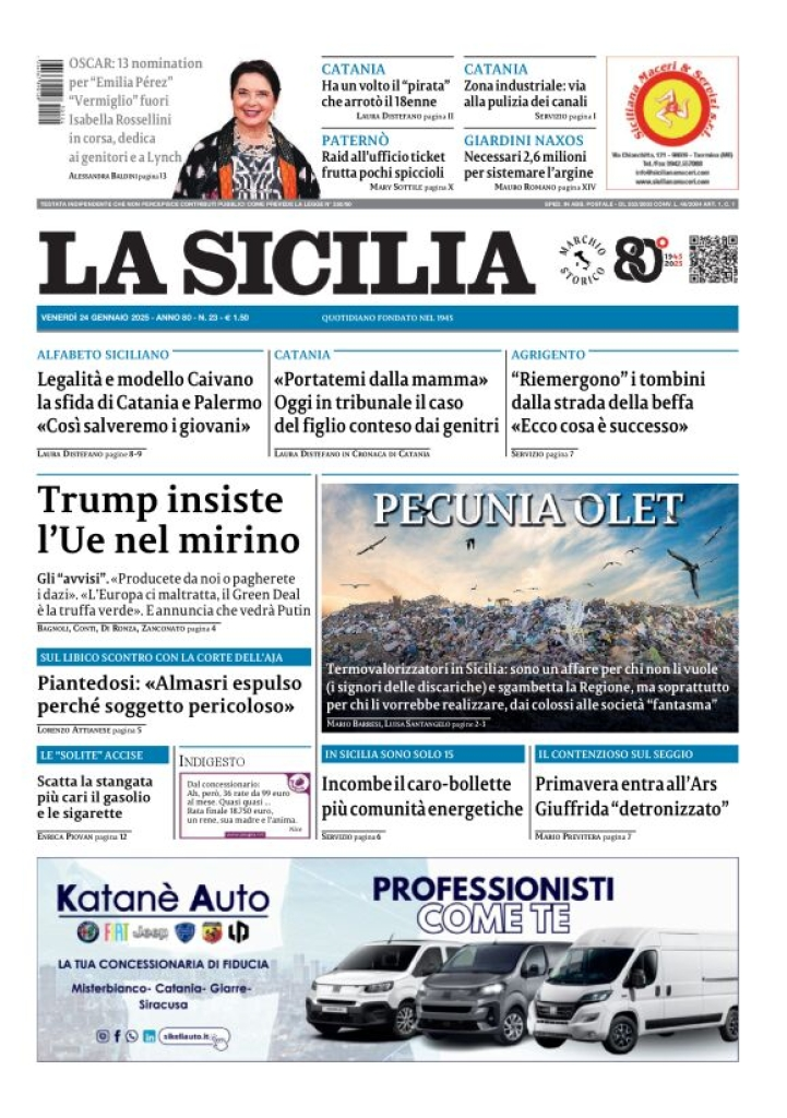 Prima-pagina-la-sicilia-edizione-palermo-di-oggi-24-01-2025