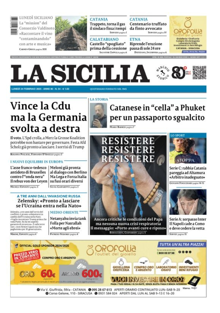 Prima-pagina-la-sicilia-edizione-palermo-di-oggi-24-02-2025