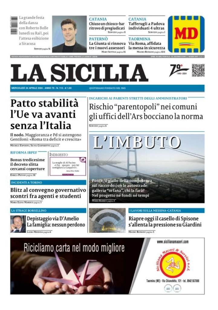 Prima-pagina-la-sicilia-edizione-palermo-di-oggi-24-04-2024