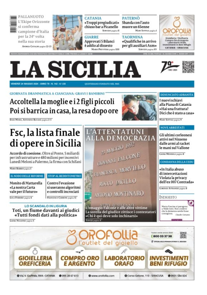 Prima-pagina-la-sicilia-edizione-palermo-di-oggi-24-05-2024