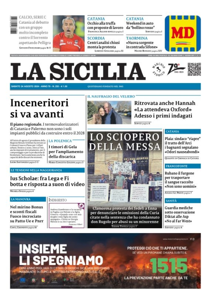 Prima-pagina-la-sicilia-edizione-palermo-di-oggi-24-08-2024