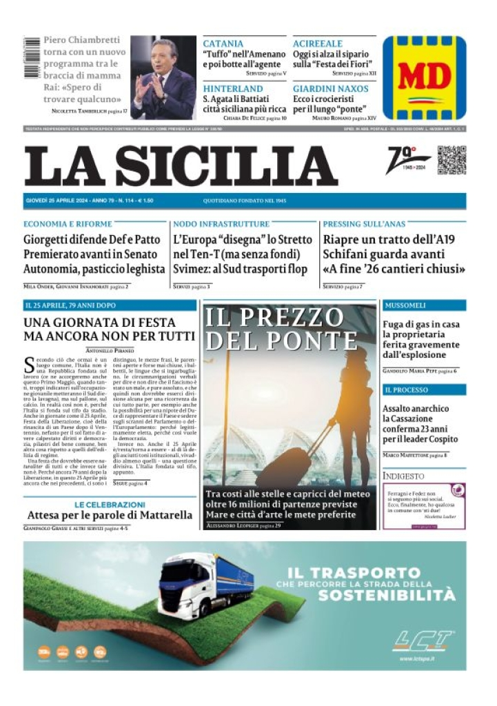 Prima-pagina-la-sicilia-edizione-palermo-di-oggi-25-04-2024