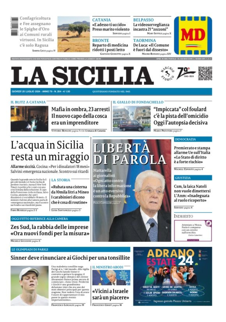 Prima-pagina-la-sicilia-edizione-palermo-di-oggi-25-07-2024