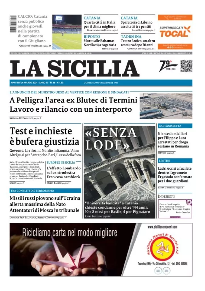 Prima-pagina-la-sicilia-edizione-palermo-di-oggi-26-03-2024