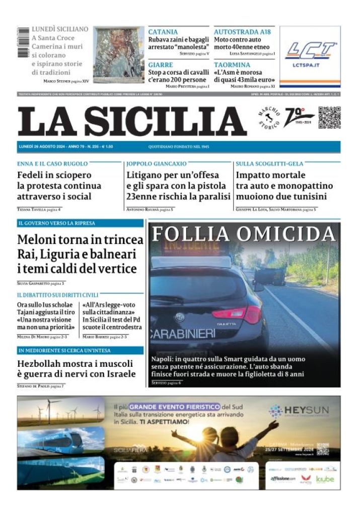 Prima-pagina-la-sicilia-edizione-palermo-di-oggi-26-08-2024