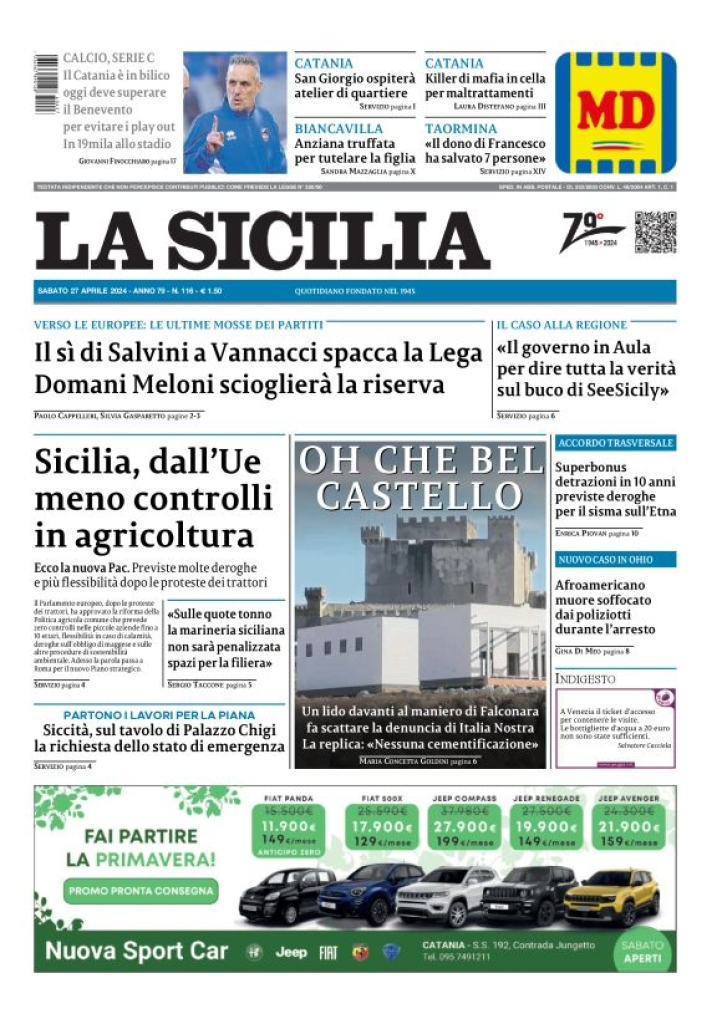 Prima-pagina-la-sicilia-edizione-palermo-di-oggi-27-04-2024