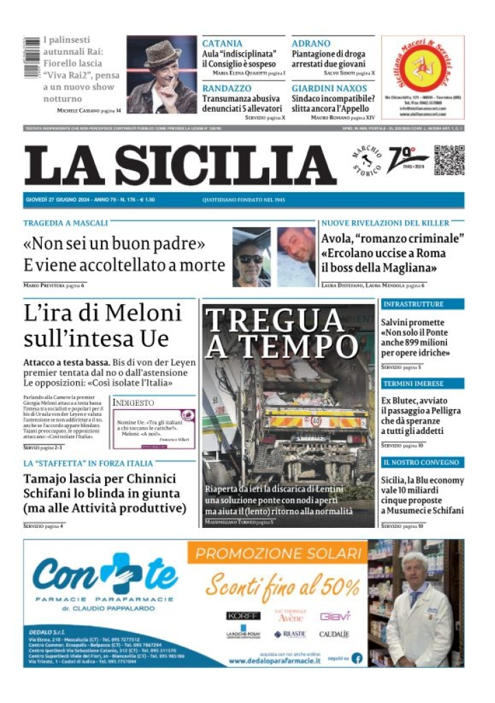 Prima-pagina-la-sicilia-edizione-palermo-di-oggi-27-06-2024