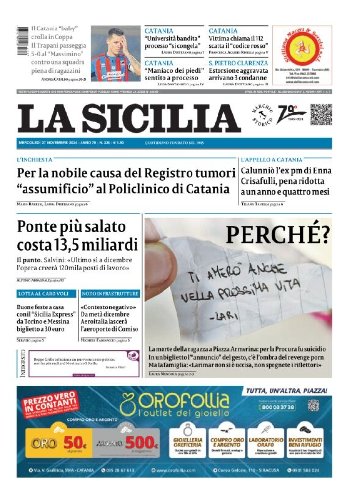 Prima-pagina-la-sicilia-edizione-palermo-di-oggi-27-11-2024