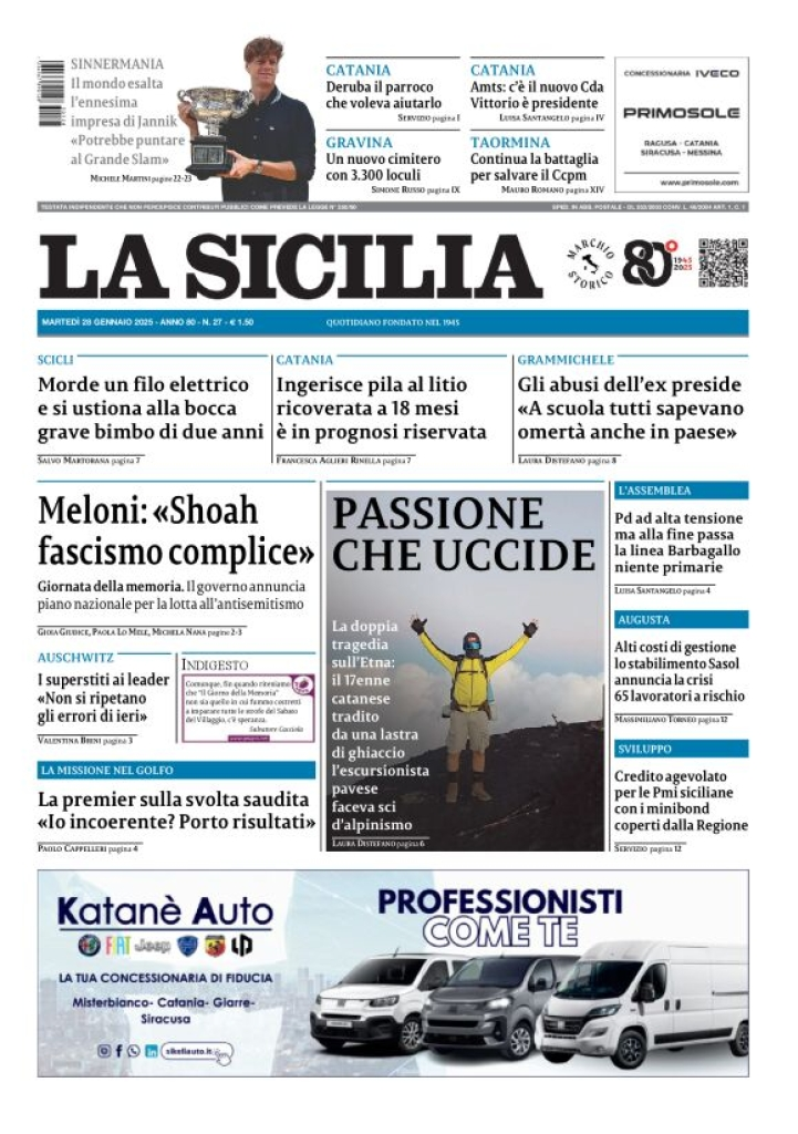 Prima-pagina-la-sicilia-edizione-palermo-di-oggi-28-01-2025