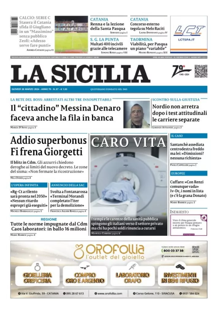 Prima-pagina-la-sicilia-edizione-palermo-di-oggi-28-03-2024