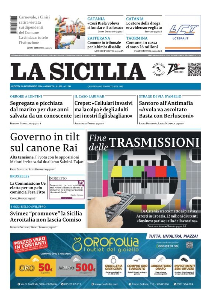 Prima-pagina-la-sicilia-edizione-palermo-di-oggi-28-11-2024