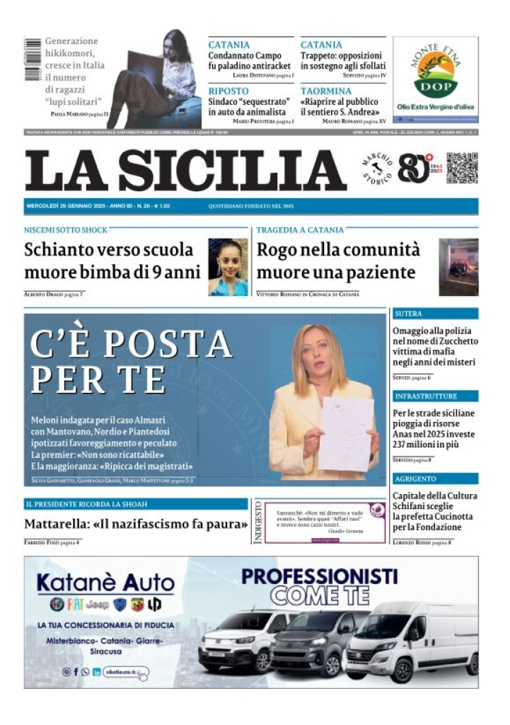 Prima-pagina-la-sicilia-edizione-palermo-di-oggi-29-01-2025